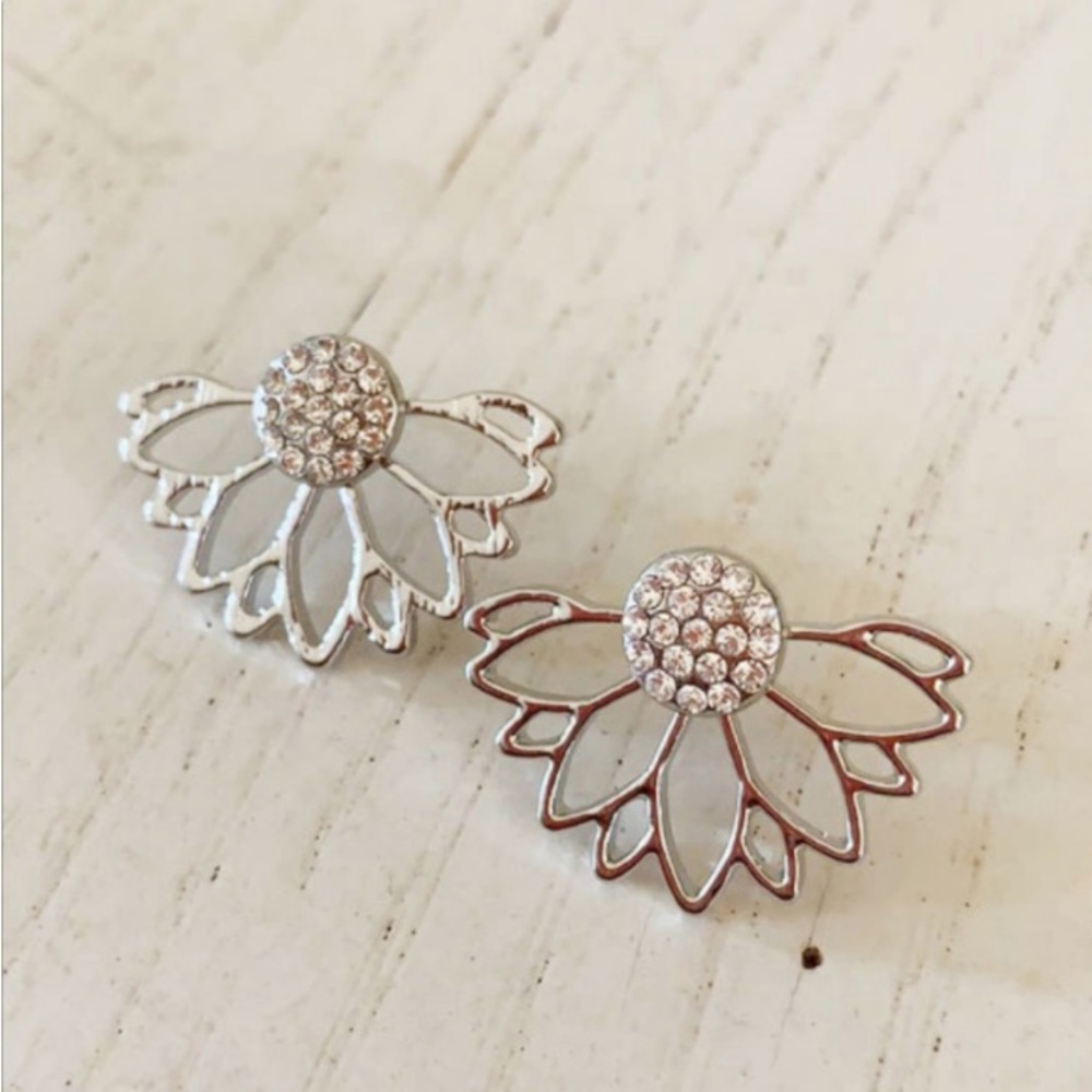 Silver Rhinestone Lotus Earring Jacket - Picture 2 of 3